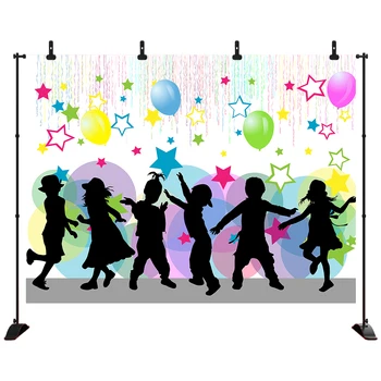 

Birthday party photography background Colored ribbon balloon stars Kid dancing silhouette Photographic Backdrops