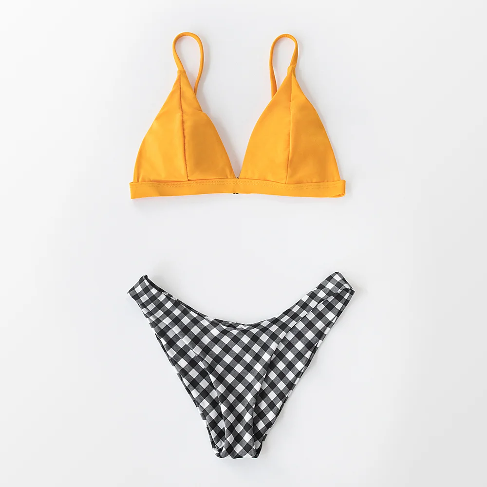 SEASELFIE 2020 Sexy Low-waist Thong Bikinis Set Swimwear Women Swimsuit Bathing Suit Biquini Yellow and Gingham Bikini Beachwear