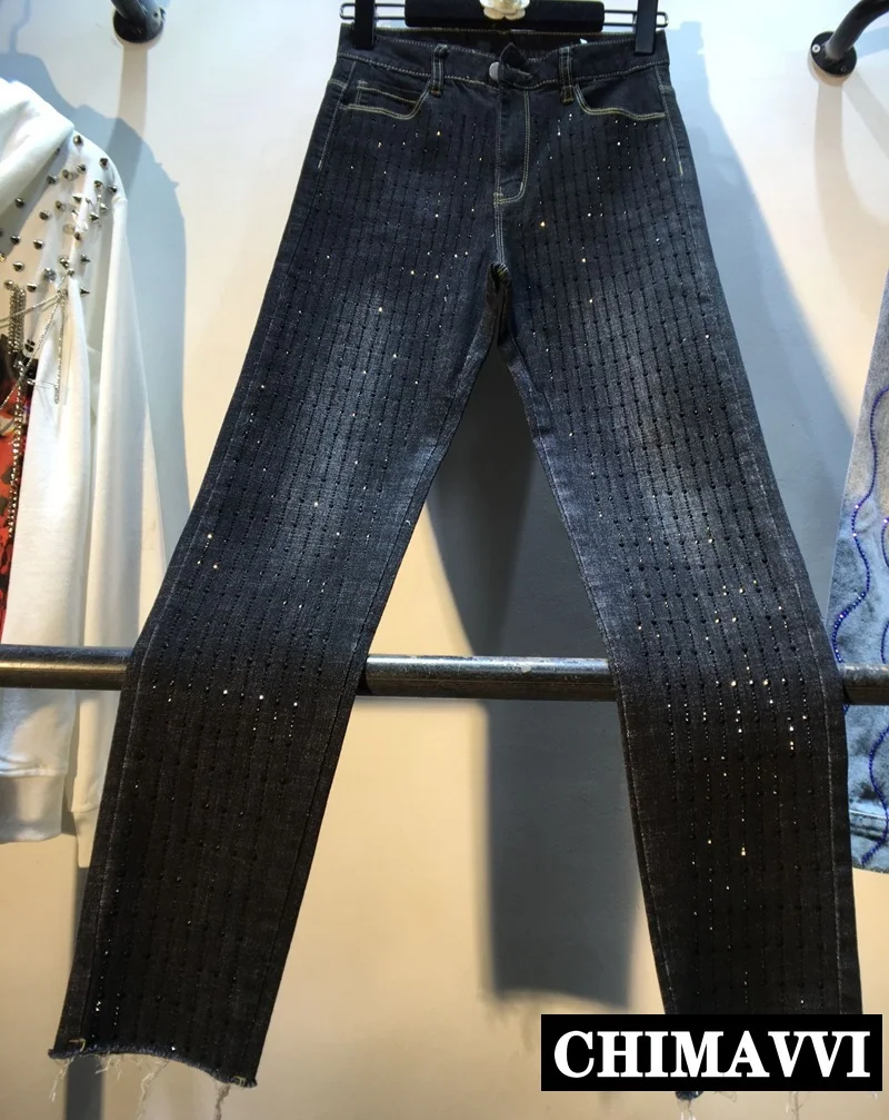 

European New Autumn Women Retro Heavy Vertical Hot Drill Black Jeans High Waist Slim Stretch Denim Pants Female Pencil Trousers