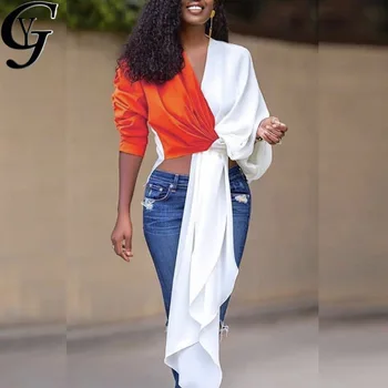 

2020 Chic Fashion Patchwork Women Cropped Top Cotton Blouse Femme Ulzzang Contrast Bandage Female Shirt Ladies Tops Blusa Mujer