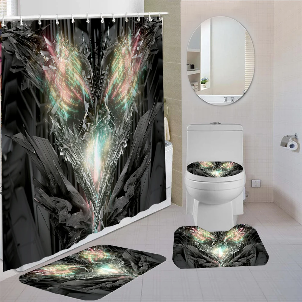 

3D Printed Psychedelic Horror Shower Curtain Set 4 Pcs with Non Slip Rug Bath Mat Carpet Toilet Lid Cover Home Decoration