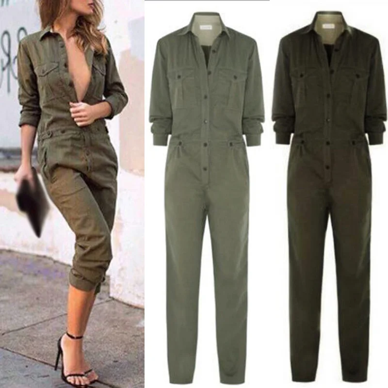 

sexy Women Jumpsuit Long Sleeve Lapel Button Mid Waist Pocket Solid Color Loose overalls cool fashion autumn lady slim rompers