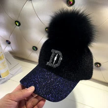 Женские шляпы осень и зима Корейская Бейсболка Мода Джокер шляпа от солнца натуральный шарик из меха лисы студенческие девушки блестками кепки s