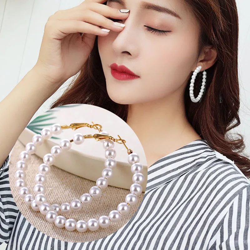 FAMSHIN Boho White Imitation Pearl Round Circle Hoop Earrings Women Gold Color Big Earings Jewelry Brincos Statement Earring | Украшения и