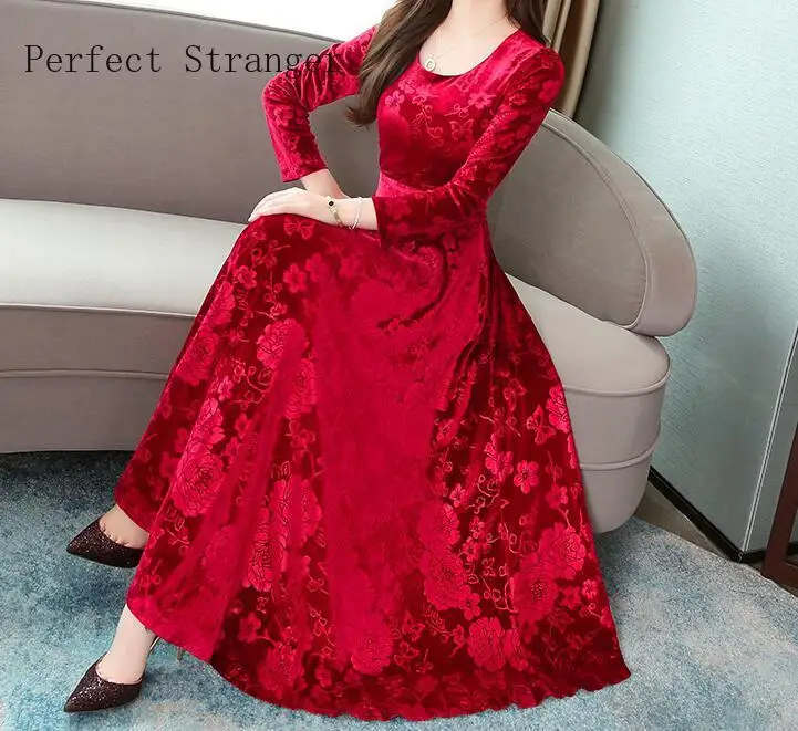 Goede 2019 Herfst Winter Nieuwe Collectie Hoge Kwaliteit Plus Size M 3XL Ronde Kraag Bloem Gedrukt Lange Mouwen Vrouw Lange Fluwelen Jurk