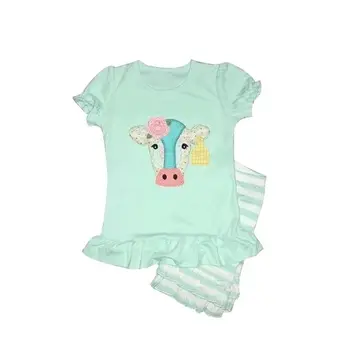 

Summer set girls outfits tops cow print milksilk clothes green stripe cotton shorts ruffle set