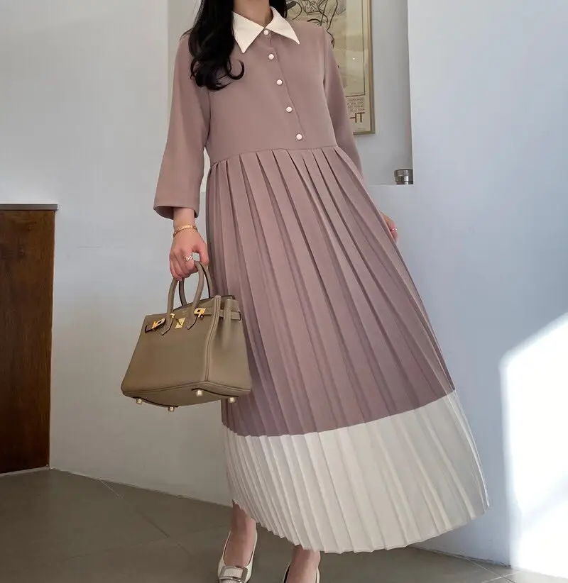 

2020 New Arrivals Temperament Elegant Princess Dress Female Stitching Color Pleasted Long Length Dresses Casual Vestidos Fall