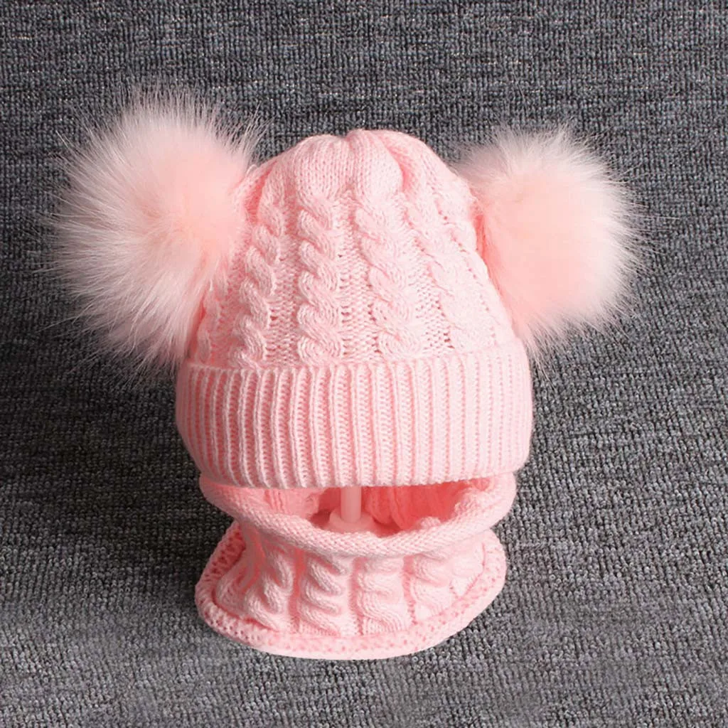 2PCS Kid Baby Hat Knitting Wool Hemming Keep Warm Winter Hiarball Cap Hat+Scarf Set Toddlers Cap Autumn Winter Fashion