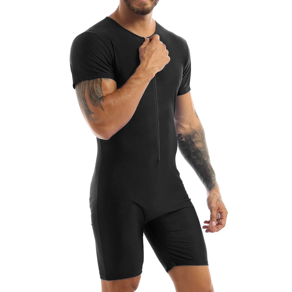 Men's Spandex Bodysuit Dance Unitard - Short Sleeve Athletic Wrestling Singlet