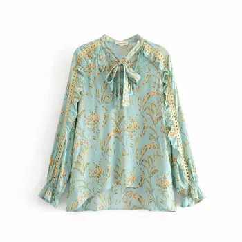 

Women Autumn V Neck Lace Up Vintage Shirt Beach Bohemian Floral Print Shirt Flare Sleeve Ruffles Loose Blouse