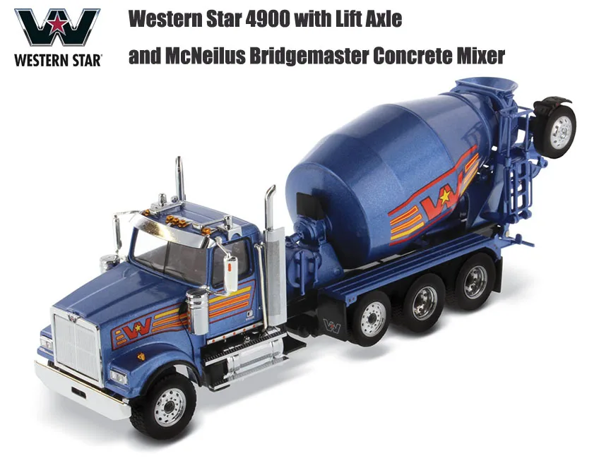 Nuova Scala Dm 1/50 Western Star 4900 Con Asse Di Sollevamento E Betoniera Mcneilus Bridgemaster In Blu Metallizzato Di Diecast 71075