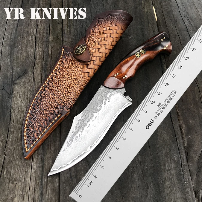 

Handmade Damascus Hunting Knife Outdoor Camping Tool 60Hrc Knives Desert Ironwood Handle Steel Pattern Straight Blade Leather