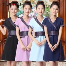 Мода красота салон здоровья клуб Рабочая форма для женщин Спецодежда с коротким рукавом медицинский лабораторный халат ретро лоскутное спа клуб платье