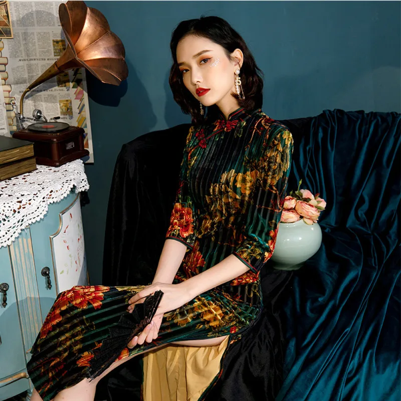 Sheng Coco эластичные большого размера бархатные платья Qipao вечернее Ципао 5XL 4XL новое гибкое современное длинное платье женский китайский костюм