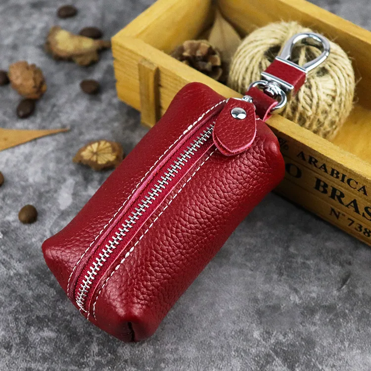 Genuine Leather Car Key Protection Case Men Keychain Coin Purse Casual Housekeeper Holders Zipper Key Covers Wallet Unisex - Цвет: Бургундия