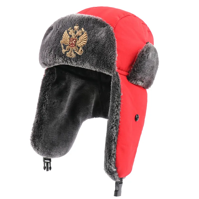 Шапка-ушанка с советским значком для России, водонепроницаемая шапка-бомбер, шапка летчика-охотника, зимняя шапка с искусственным кроличьим мехом, мужские зимние шапки с ушками - Цвет: Red Eagle Badge