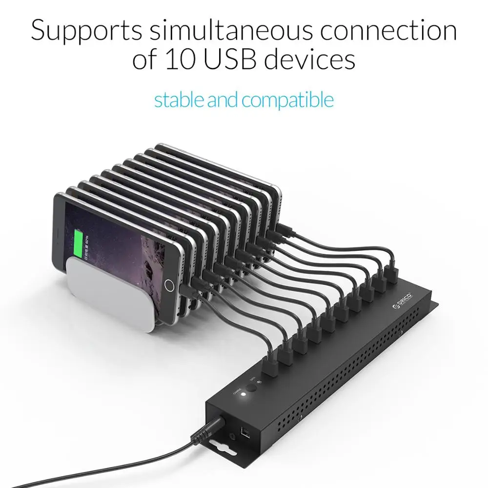 ORICO 10 портов USB 2,0 промышленный концентратор с 12V5A адаптером питания 60 Вт Отдельный модуль питания Поддержка зарядки для Windows Mac Linux