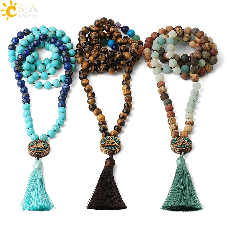 CSJA 108 Mala Tassel Long Necklace Natural Crystal Stone Reiki 7 Chakra Nepal Bead AUM Pendant Knot Rope Women Men G562 | Украшения и