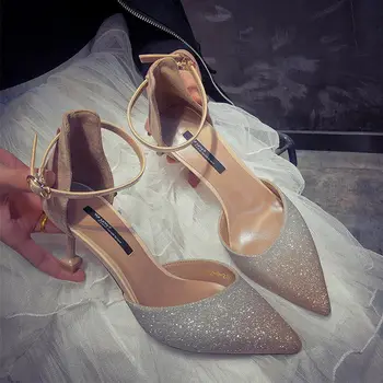 

High Heels Female 2020 Season Hollow Pointed One Word Buckle Belt Sandals Female Fine With Sequins Single Shoes Female