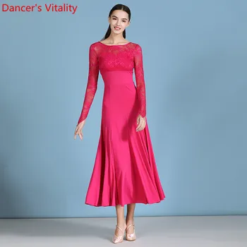 

Adult Modern Dance Lace Long Sleeve Pattchwork Dress Ballroom National Standard Waltz Jazz Dancing Stage 2 Colors Practice Suit