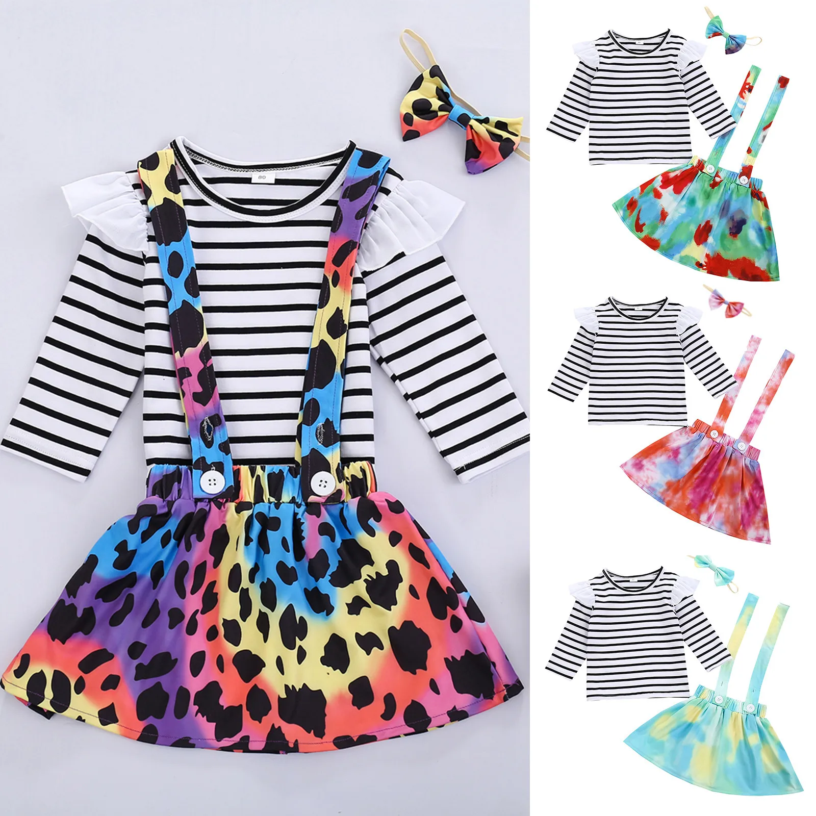 

disfraz elfo bebe Newborn Baby Girl Long Sleeve Stripe Tops+Tie-Dye Suspender Skirt+Headband Set Mesh sleeve suspender skirt M5