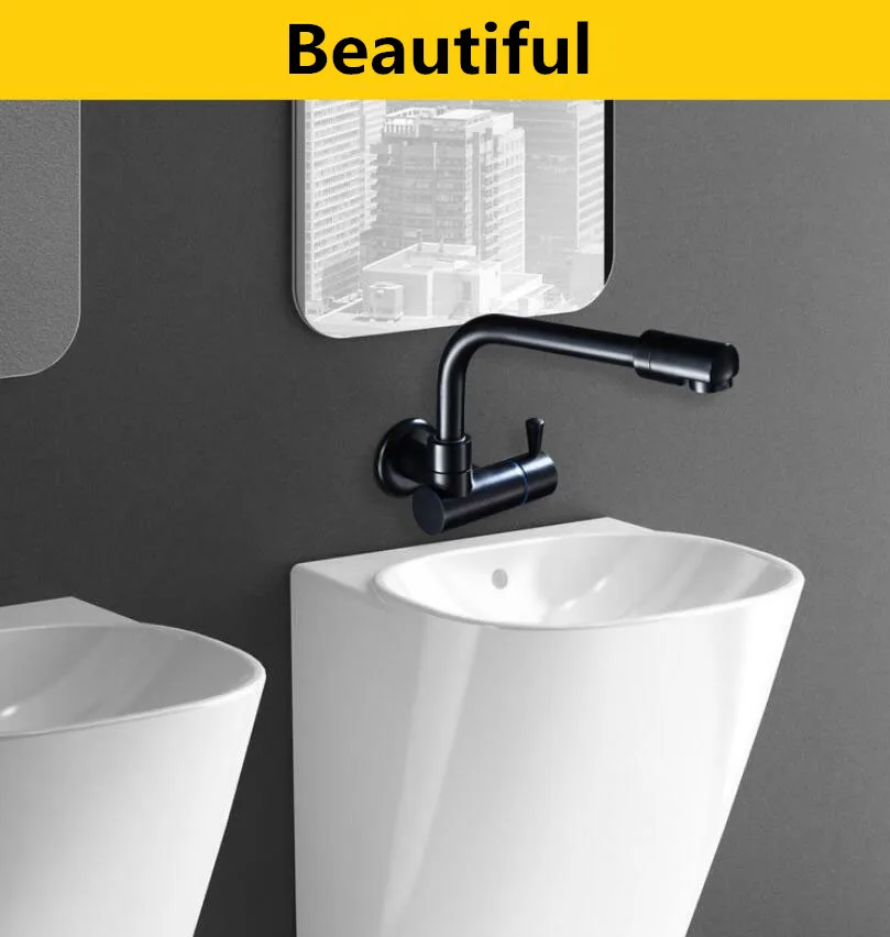 G1 / 2 Matt Black Brass Single Cold Water Tap Wall Mounted Bathroom Basin Faucet Mop Pool Tap 360 ° rotation Outdoor Balcony Tap