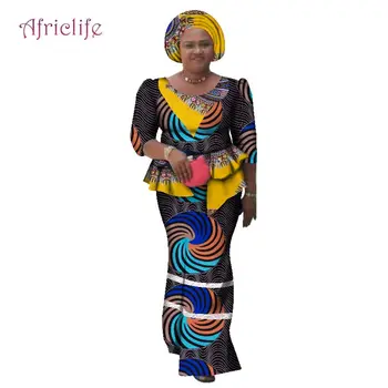 

WY3031 African Maxi Dresses for Women O-Neck Long Skirt Suit Headwrap Gift African Traditional Clothing for Women