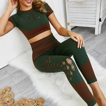 

Women Workout Knitted Seamless Tracksuit Cropped Top Legging 2 Piece Set Fashion Hollow Out Fitness High Waist Leggins Suit