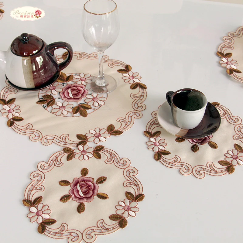 

Proud Rose 4 Pcs Embroidery Cup Cushion Table Cloth Tissue Box Cover Exquisite Dish Mat Insulation Pad Creative Round Table Mat