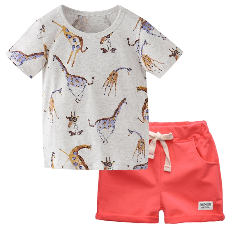 Summer Boys Kids Clothing Sets Cartoon Giraffe T-shirt Shorts Cotton 2T-7T