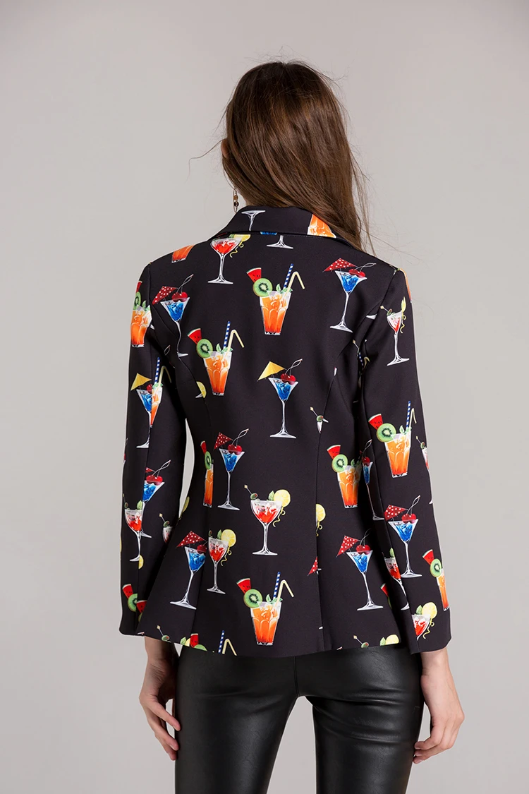 SEQINYY Black Blazer Autumn New Fashion Design Long Sleeve Women Wine Glass Printed Female Jacket