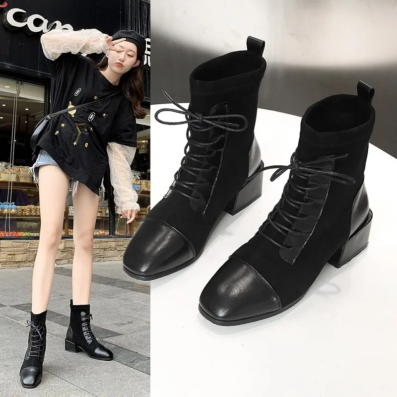 

Autumn And Winter Chunky-Heel Square Head Fabric Leather Stitching Retro Short Boots Lace-up Breathable Martin Boots Women's Sem