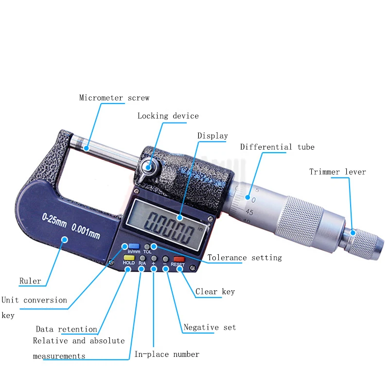 Цифровой дисплей микрометр 0-25mm0.01 mm7 ключ цифровой дисплей микрометр Высокая точность электронные компоненты цифровой микрометр
