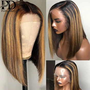 

4/27 Ombre Highlight Lace Front Human Hair Wigs Short Bob Ear To Ear Brazilian Remy Hair Lace Frontal Straight Wigs Black Women