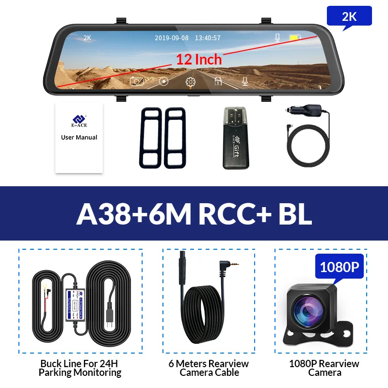 E-ACE Автомобильный видеорегистратор FHD 1080P зеркало заднего вида с двумя объективами DashCam ночного видения регистратор Android ADAS видео рекордер с задней камерой - Название цвета: A38- 6M RCC- BL