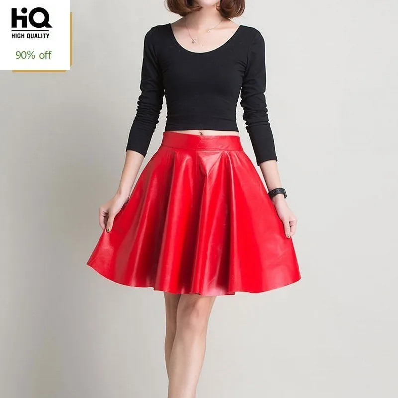 

Chic High Waist Pleated Skirts Womens Sheepskin Genuine Leather Skirt Top Quality 2020 Winter Solid Black Zipper Fly Skirt Femme