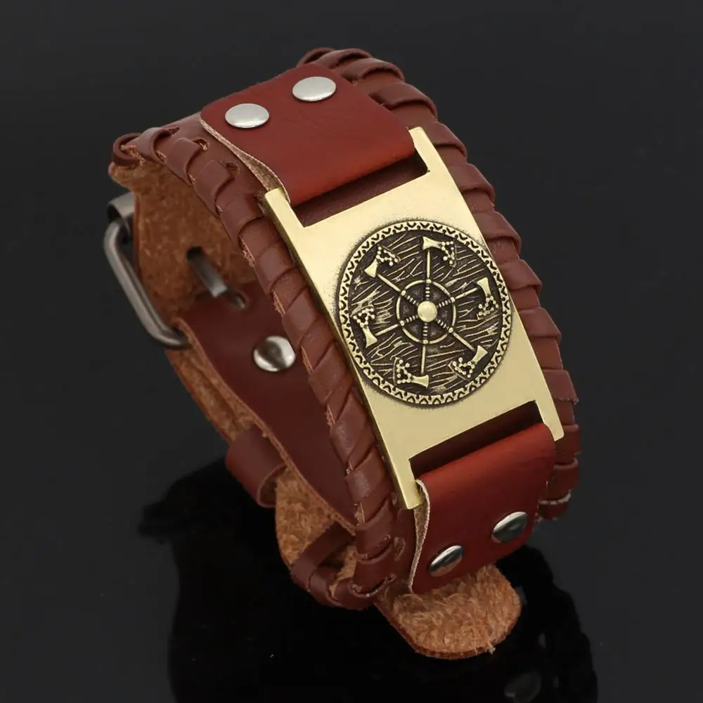 Панк АКС мужские Viking кожаные браслеты с подвесками из плетеной кожи, ручной работы нордическая Руна пират браслет для ювелирных изделий браслет
