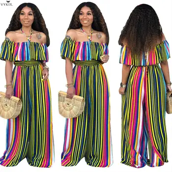 

Jumpsuit Women Overalls Ruffles Striped Printing Halter Lace Up Off Shoulder Loose Wide Leg Summer Jumpsuits Casual Long Rompers
