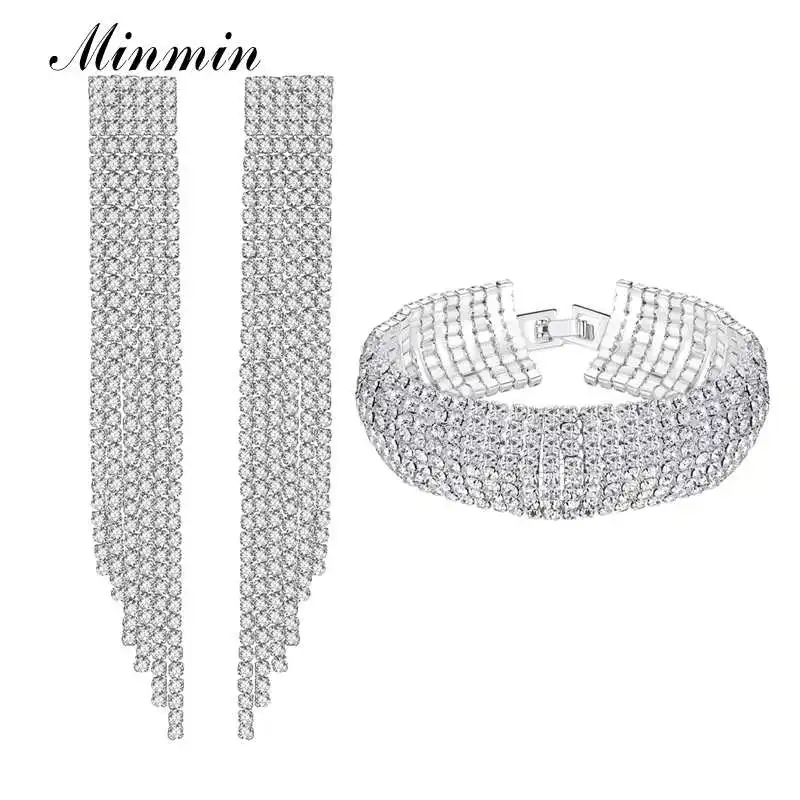 Minmin Silver Color Crystal Long Tassel Wedding Jewelry Set for Women Luxury Sparkling Bridal Earrings Bracelet MEH424+SL341 | Украшения и