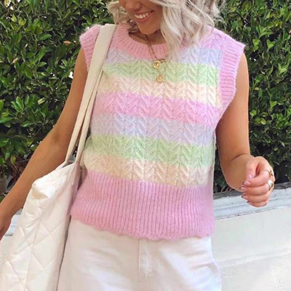 

Rainbow Striped Knit Y2k Sweater Vest Female Cute Kawaii Aesthetic Knitwear Preppy Style Sweety Girls' 90s Crop Jumpers