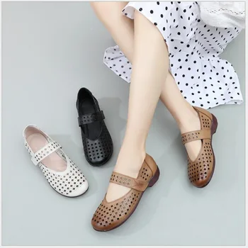 

Fashion Women's Handmade Shoes 2020 Summer Genuine Leather Flat Hollow Shoes Soft Comfortable Casual Shoes Gladiator Sandals