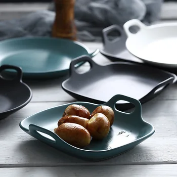 

Ceramic Fruit Plates Thermal Insulation Handle Design Kitchen Baking Cake Pan Dinner Set Household Kitchen Decor Steak Plates
