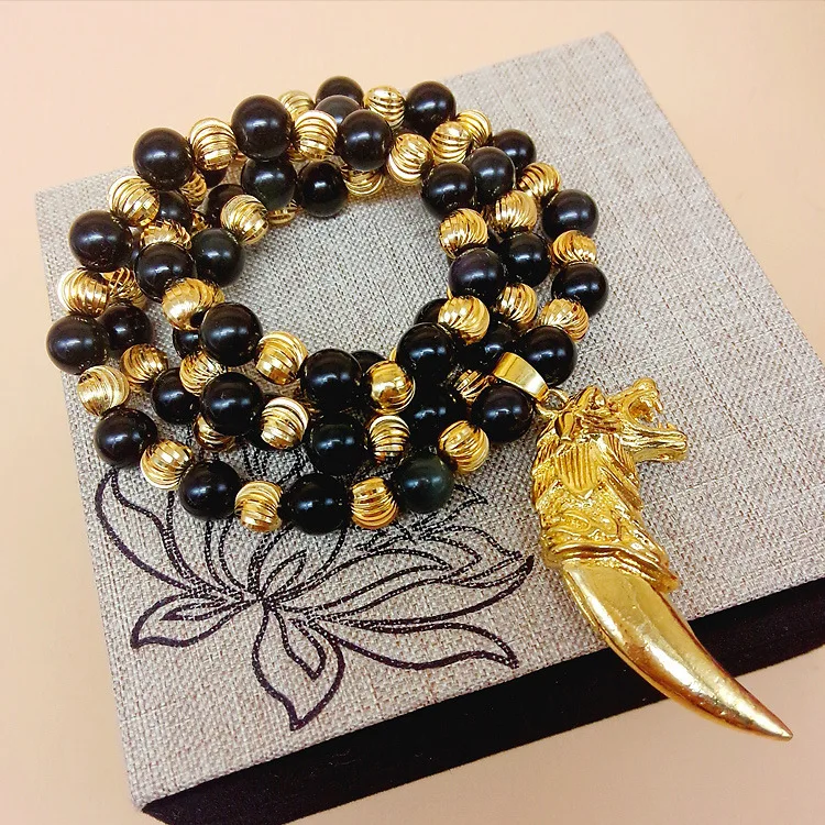 

Viet Nam Alluvial Gold Accessories Natural Obsidian Spike Dragons Necklace for Both Men And Women Brass Gold-plated Necklace Who