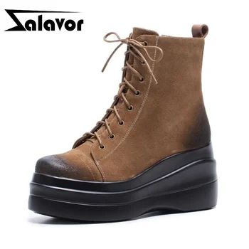 

ZALAVOR 2020 New Arrival Real Leather Ankle Boots Thick Bottom Fashion Lace Up Boots Outdoor Botas Mujer Footwear Size 34-39