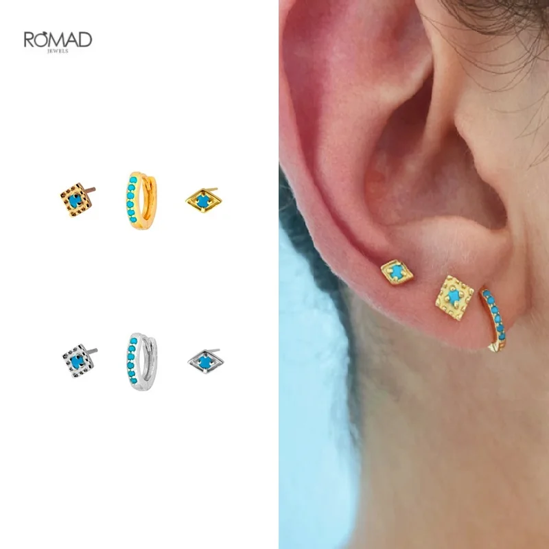 

ROMAD 3 Pcs/Set Geometric Stud Earrings for Women Bohemian Exquisite Turquoise 925 Sterling Silver Earings Fine Jewelry kolczyki
