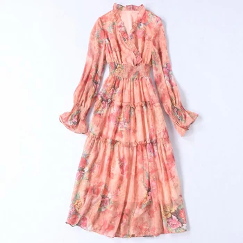 

HIGH QUALITY Newest Fashion 2020 Runway Dress Women's Long Sleeve Floral Print Casual Dress