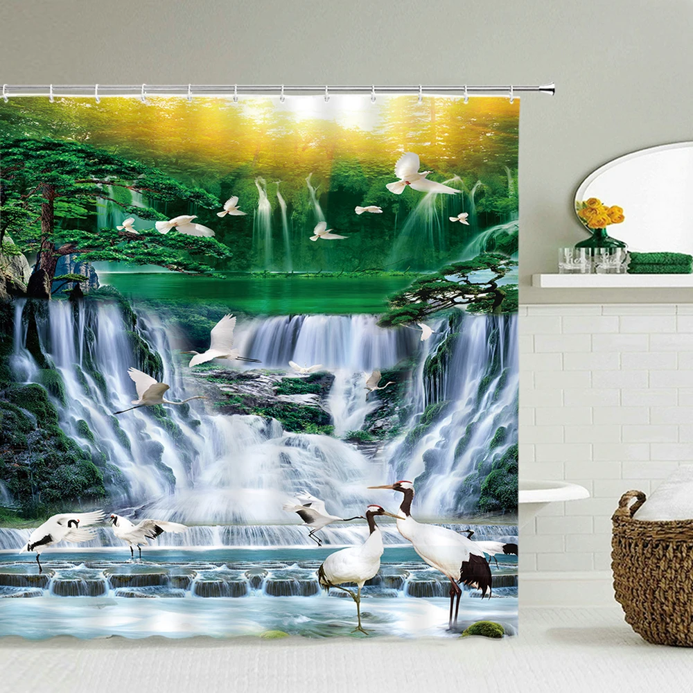 

Forest Trees Bath Curtains Waterproof Shower Curtains Polyester Waterfall Birds Bath Screen Printed Curtain for Bathroom Decor