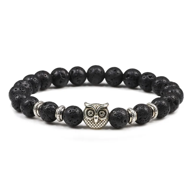 Natural Stone Bracelet Black Lava Tiger Eye Weathered Stone Bracelets Bangles Classic Owl Beaded Charm for Women and Men Yoga Jewelry