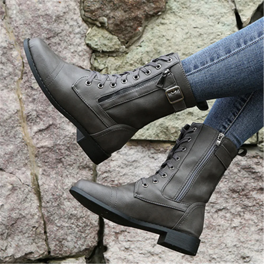 

Newest Retro Women Western Booties Punk Lace Up Buckle Motorcycle Shoes Zipper Mid Calf Boots Ladies Short Botas Plus Size 35-43