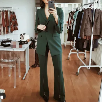 

Green Womens Blazer Suit Single Button Long Ladies Blazer+Zipper Close Casual Flare Pant 2020 Fashion Spring 2 Piece Set Outfit